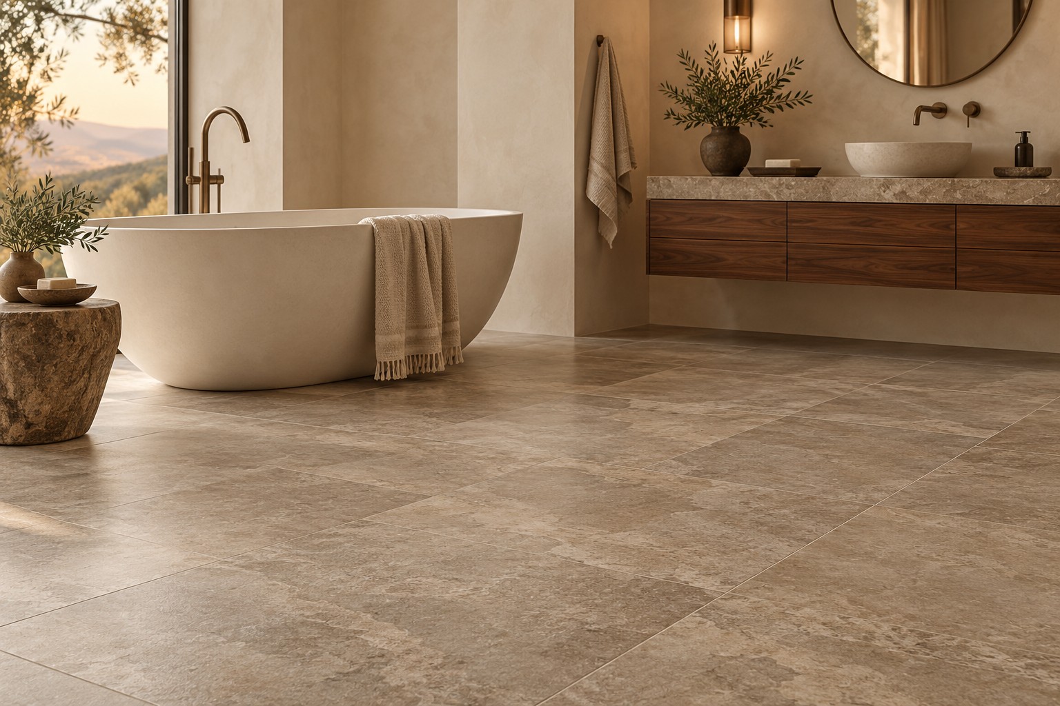 Bad mit Designboden in Steinoptik und freistehender Badewanne