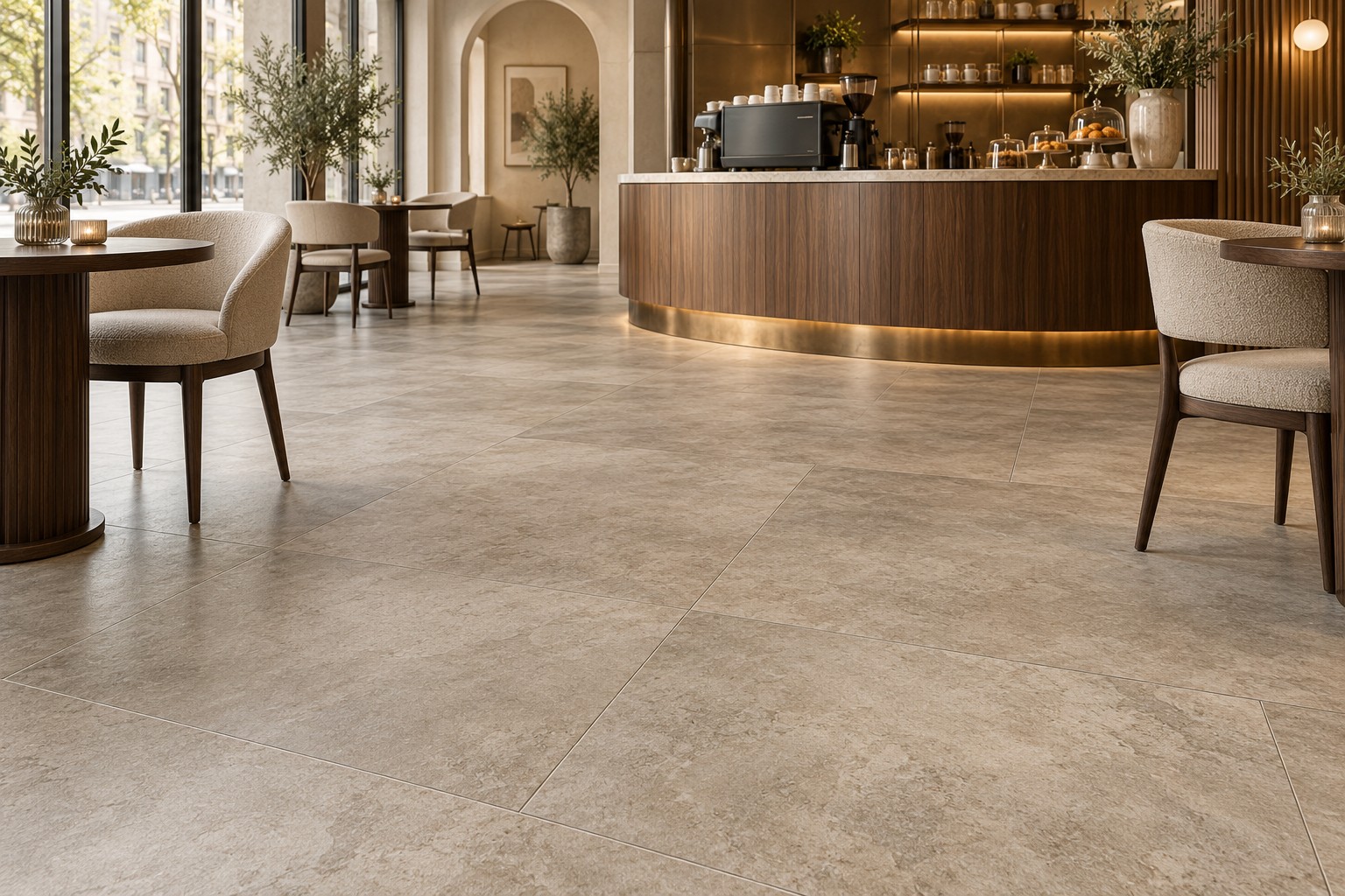 Edles Café mit großflächigem Designboden in warmer Steinoptik, Tischen und Kaffeetheke