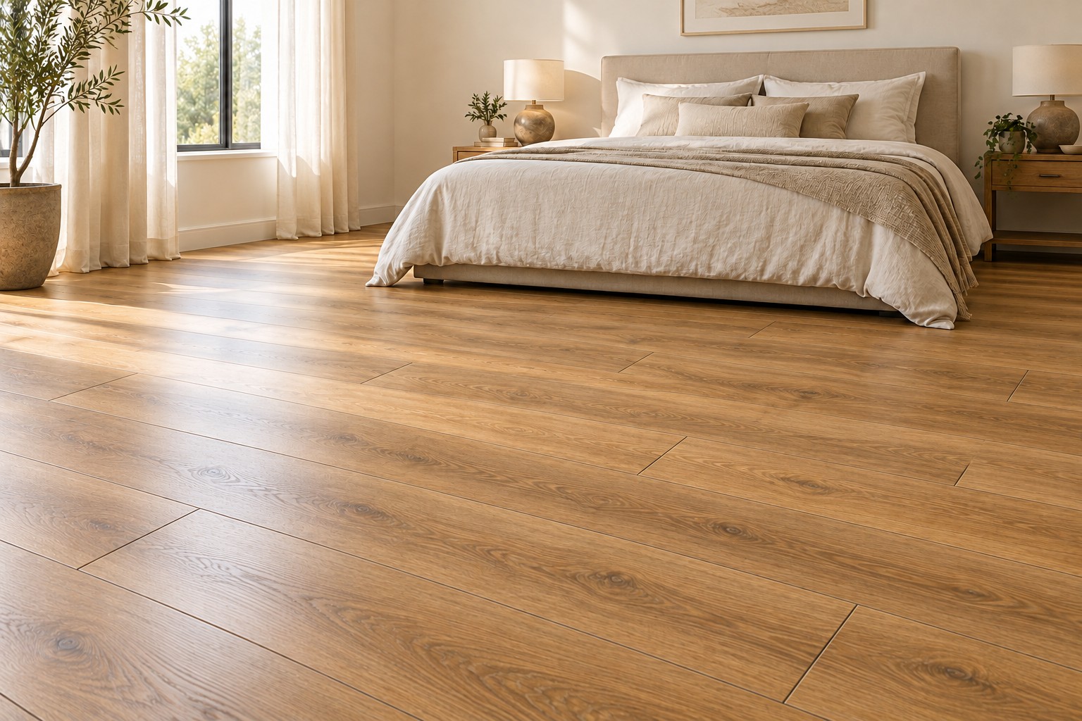 Laminat in Eichenoptik in einem trockenen, hellen Schlafzimmer